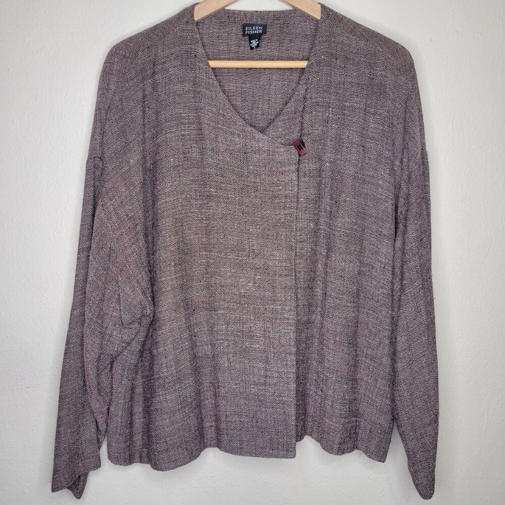 Eileen Fisher Lagenlook Maroon Woven Linen Blend Boxy Jacket, Size L